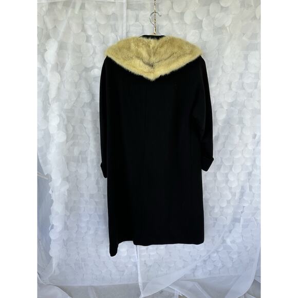 Vintage 50s 60s Long Black Coat 100% Wool Fur Mod Deb Hollywood Glam Retro - Picture 7 of 13